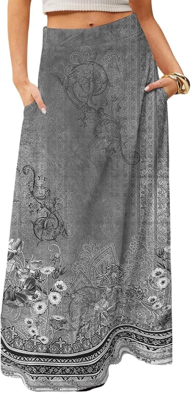 Maxi Skirts for Women 2025 Boho Elastic High Waisted Long Skirt with Pockets Summer Beach Flowy Floral Skirt