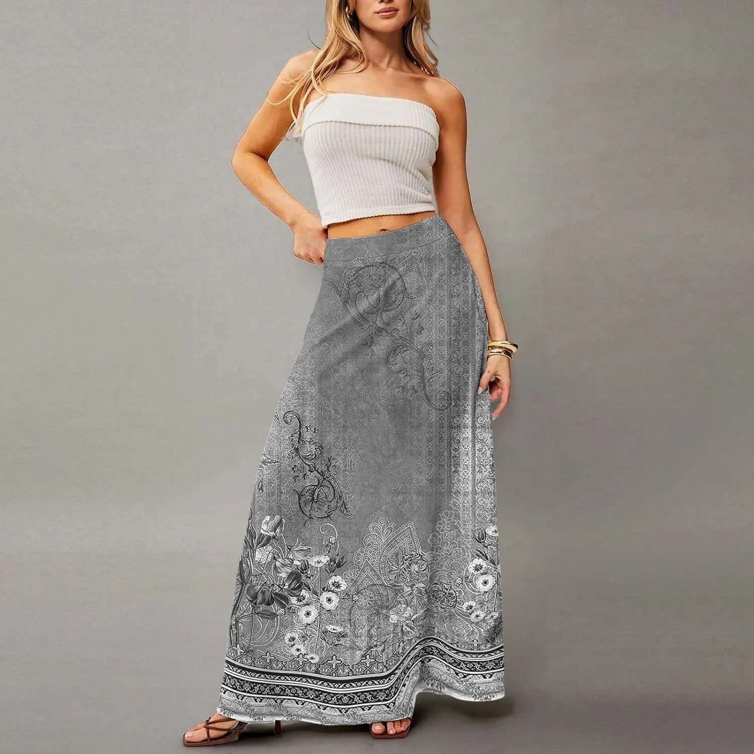 Maxi Skirts for Women 2025 Boho Elastic High Waisted Long Skirt with Pockets Summer Beach Flowy Floral Skirt