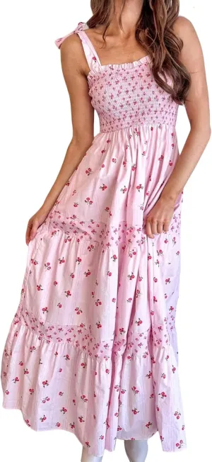 Meiweileya Y2k Tie Shoulder Strap Smocked Maxi Dress for Women Flower Print Ruffle Long Boho Beach Summer Sundress 2025
