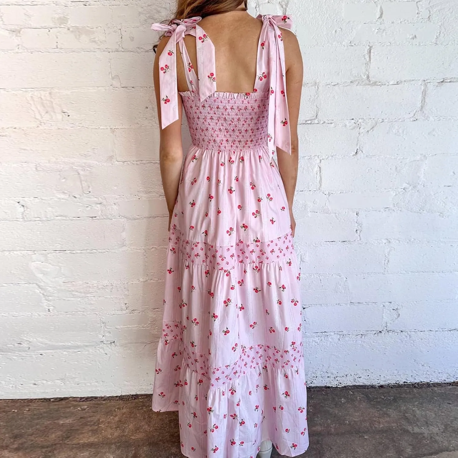 Meiweileya Y2k Tie Shoulder Strap Smocked Maxi Dress for Women Flower Print Ruffle Long Boho Beach Summer Sundress 2025