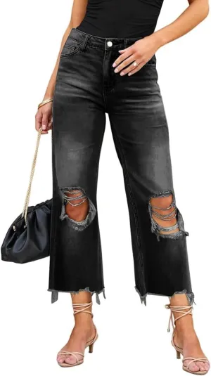Melliflo Ripped Flare Jeans for Women High Waist Baggy Wide Leg Denim Pants Casual Distressed Trousers with Pockets