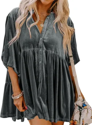 Melliflo Womens Velvet Dress Button Down T Shirt 3/4 Sleeve Tunic Tops Casual Lapel Babydoll Mini Dress