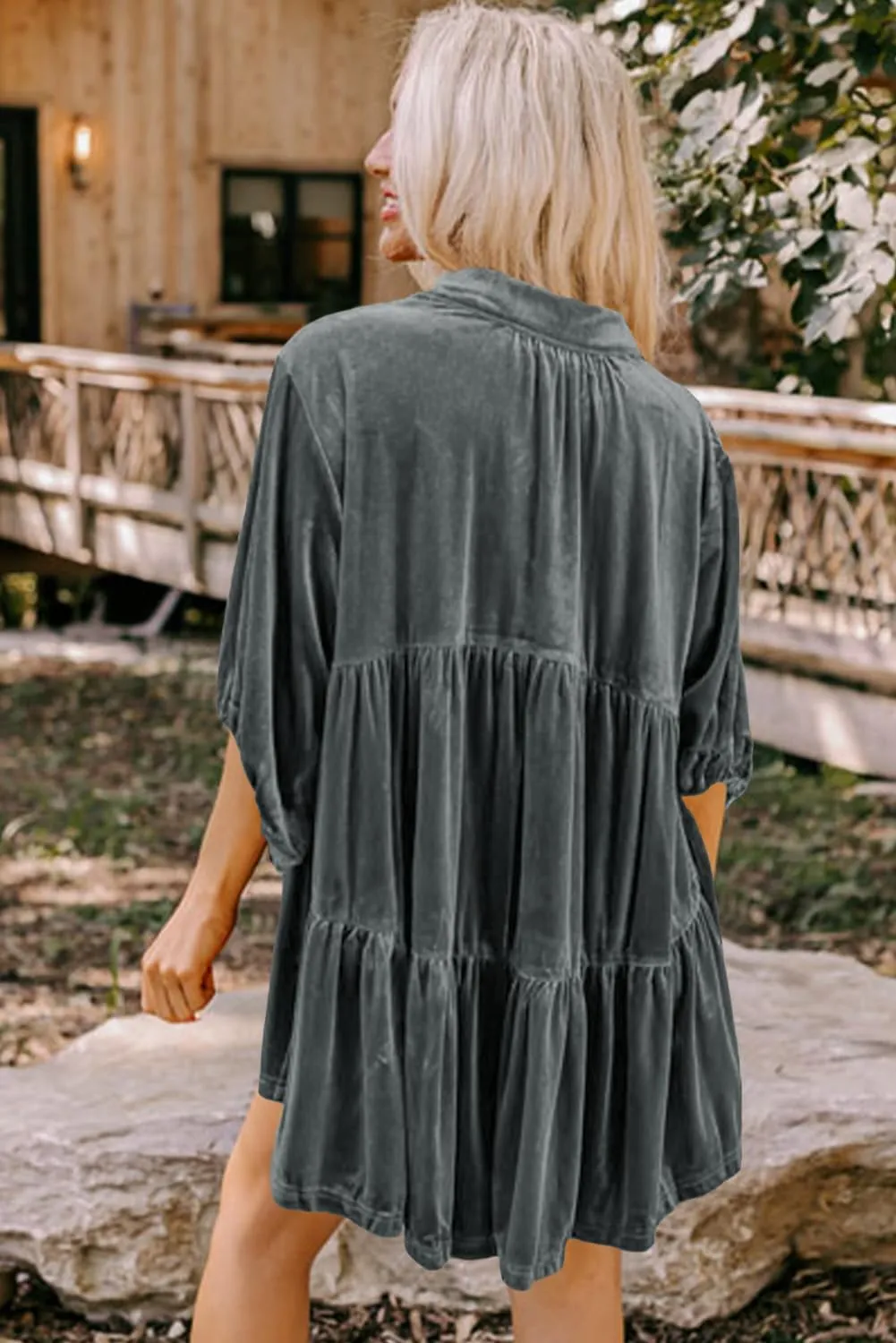Melliflo Womens Velvet Dress Button Down T Shirt 3/4 Sleeve Tunic Tops Casual Lapel Babydoll Mini Dress