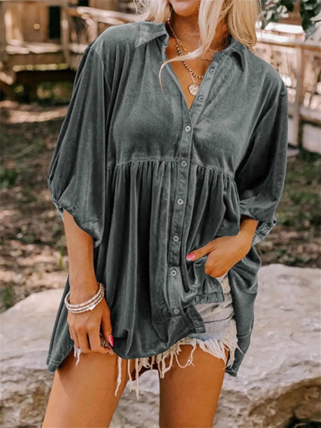 Melliflo Womens Velvet Dress Button Down T Shirt 3/4 Sleeve Tunic Tops Casual Lapel Babydoll Mini Dress