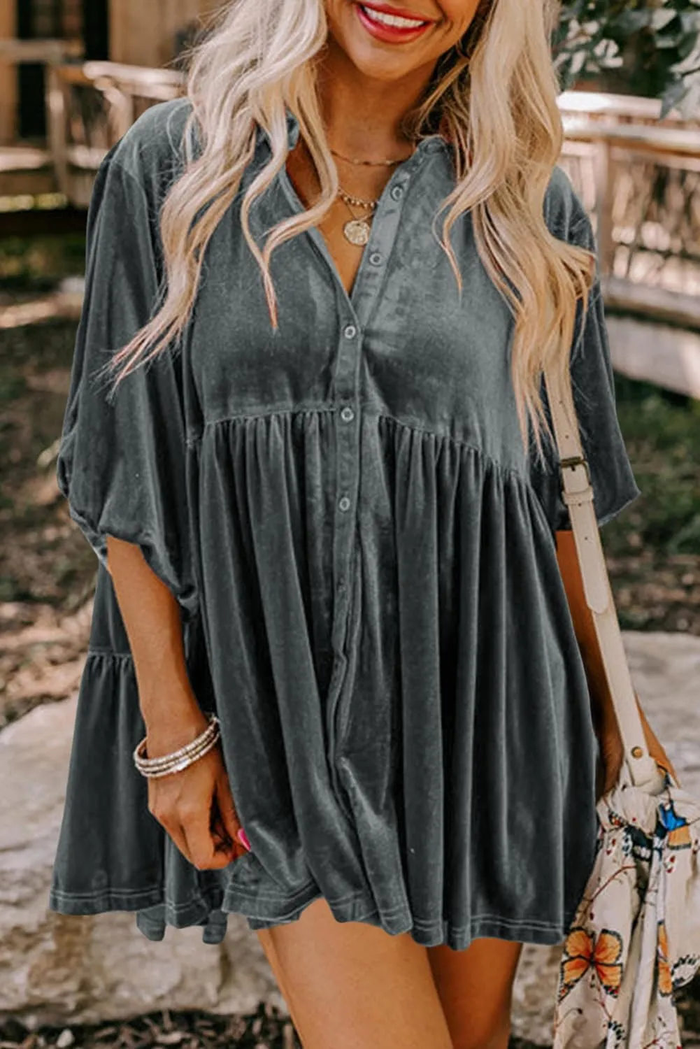 Melliflo Womens Velvet Dress Button Down T Shirt 3/4 Sleeve Tunic Tops Casual Lapel Babydoll Mini Dress