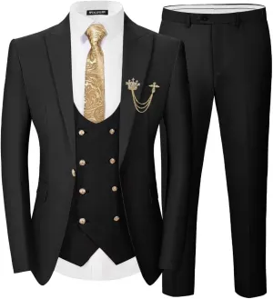 Men 3 Pieces Suits Slim Fit Wedding Prom Solid Blazer Double Breasted Vest and Pants Gold Button Tuxedo Set