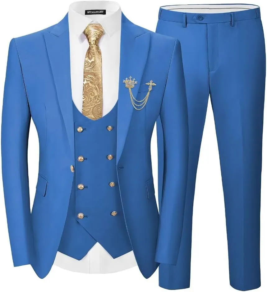 Men 3 Pieces Suits Slim Fit Wedding Prom Solid Blazer Double Breasted Vest and Pants Gold Button Tuxedo Set