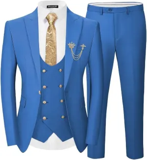 Men 3 Pieces Suits Slim Fit Wedding Prom Solid Blazer Double Breasted Vest and Pants Gold Button Tuxedo Set