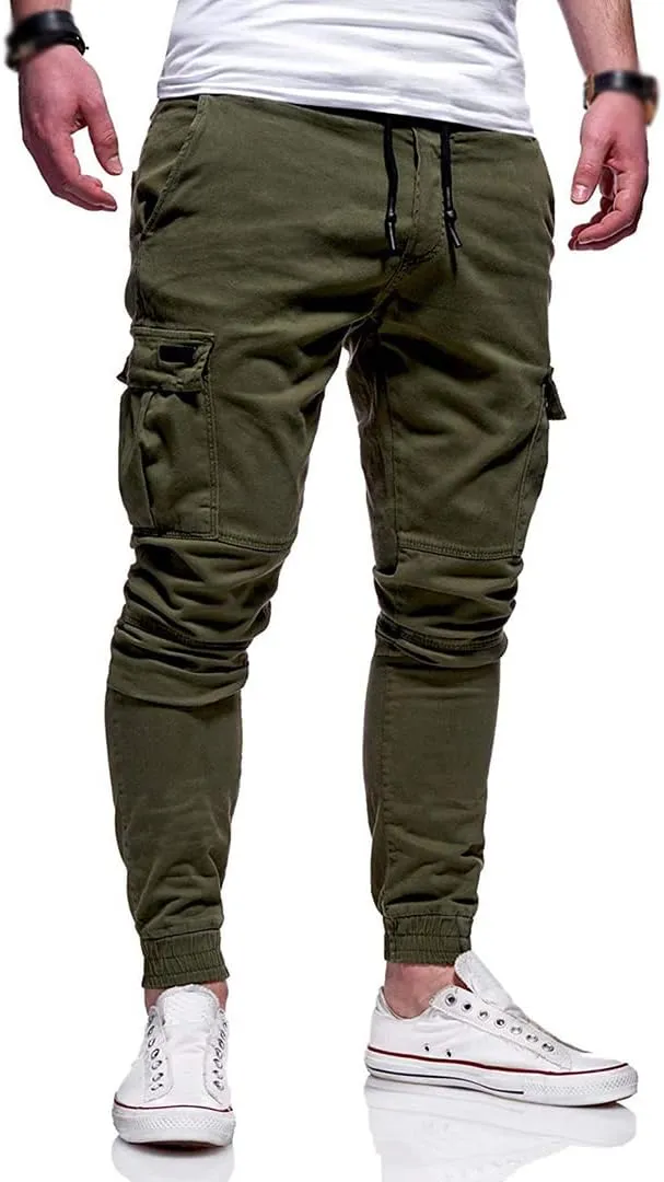Men Joggers Chino Pants Drawstring Sports Athletic Workout Fitness Track Cargo Tapered Jogging Trousers