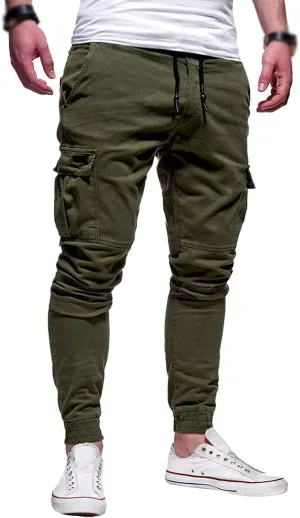 Men Joggers Chino Pants Drawstring Sports Athletic Workout Fitness Track Cargo Tapered Jogging Trousers