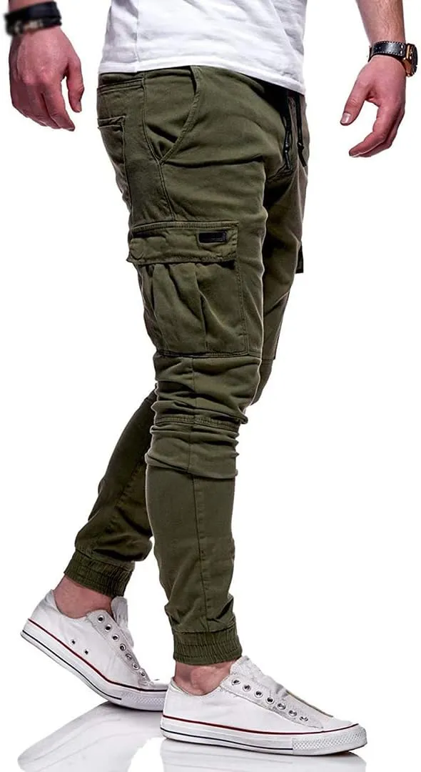 Men Joggers Chino Pants Drawstring Sports Athletic Workout Fitness Track Cargo Tapered Jogging Trousers