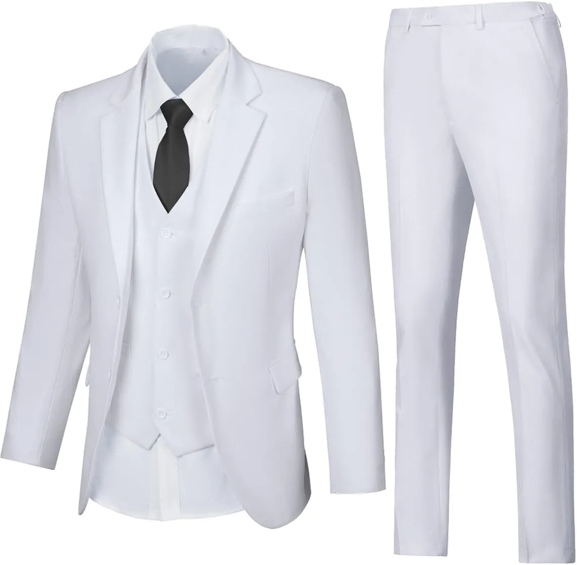 Mens 3 Piece Slim Fit Suit Set, 2 Button Solid Blazer Jacket Vest Pants Business Tuxedo