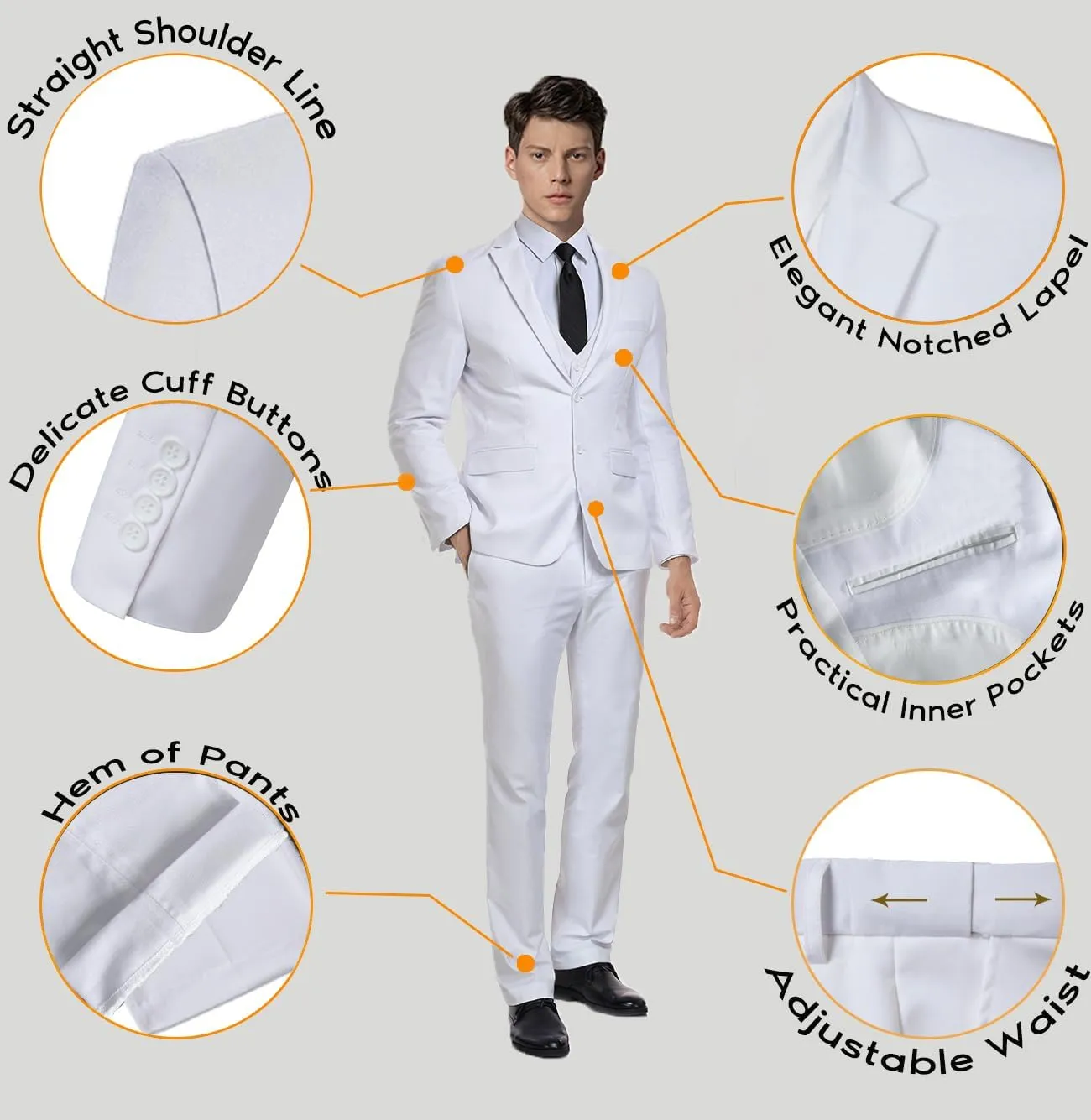 Mens 3 Piece Slim Fit Suit Set, 2 Button Solid Blazer Jacket Vest Pants Business Tuxedo