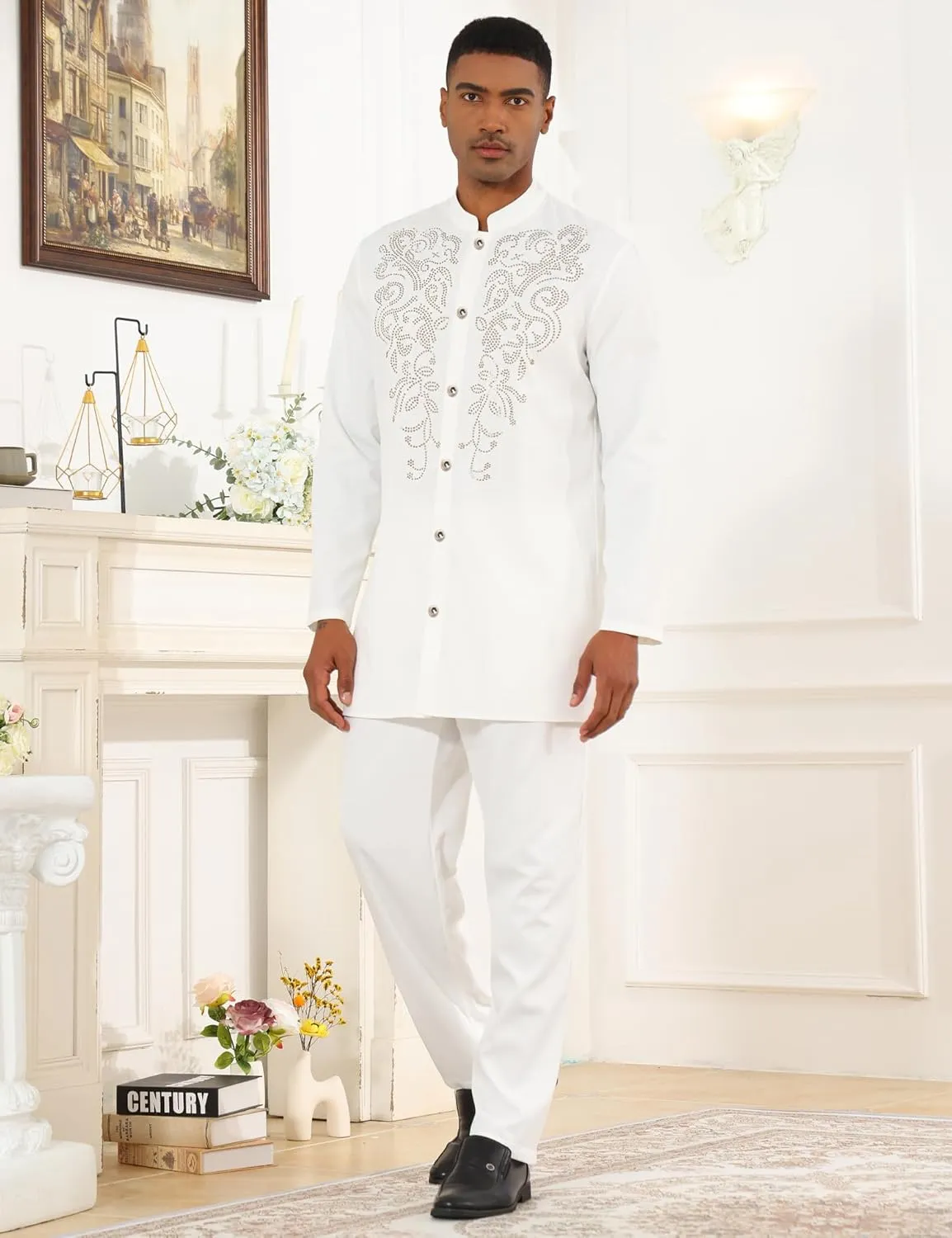 Mens African 2 Piece Set Glitter Rhinestone Traditional Suit Shiny Blingbling Sparkle Metallic Dashiki Shirt Pant Outfit