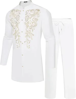 Mens African 2 Piece Set Glitter Rhinestone Traditional Suit Shiny Blingbling Sparkle Metallic Dashiki Shirt Pant Outfit