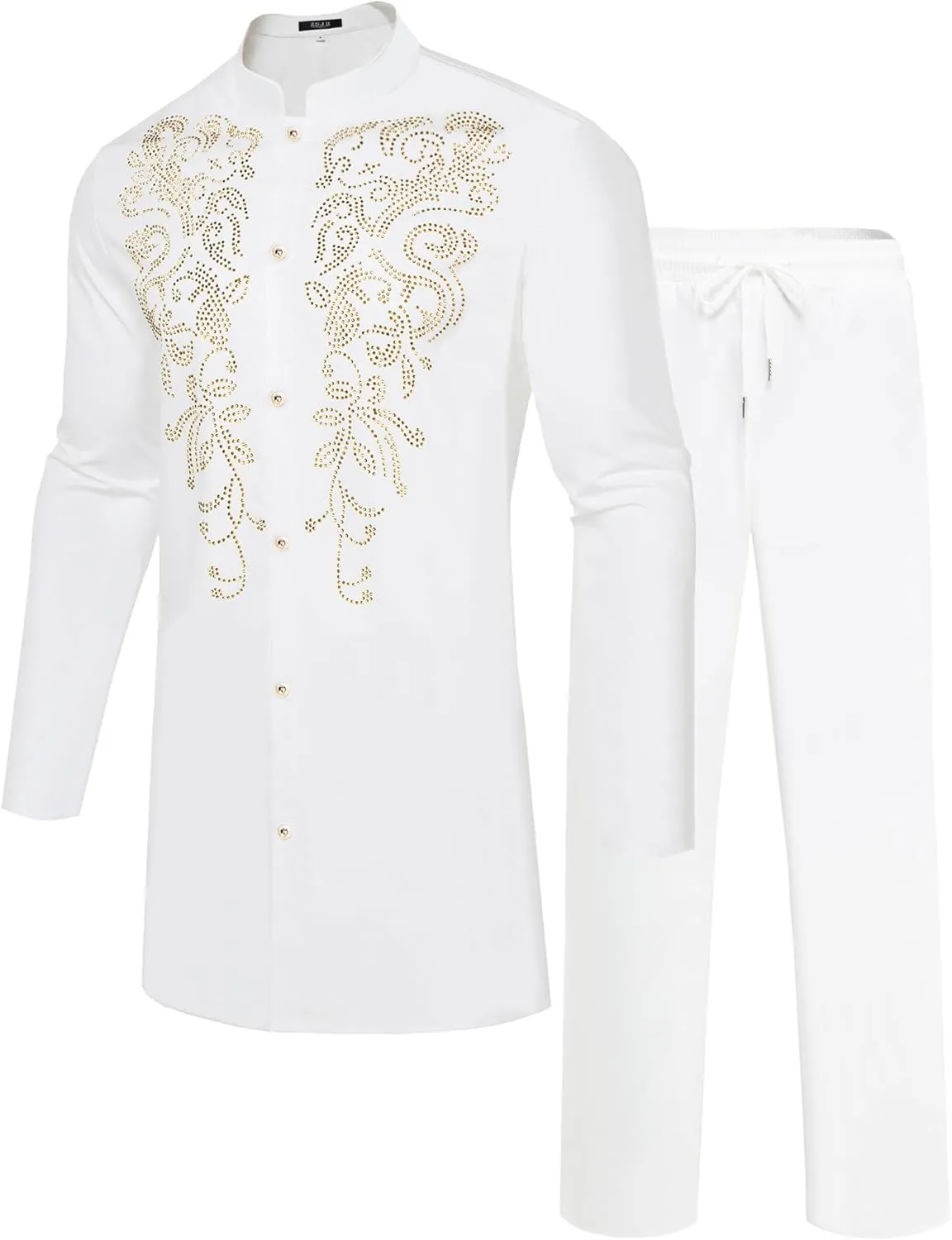 Mens African 2 Piece Set Glitter Rhinestone Traditional Suit Shiny Blingbling Sparkle Metallic Dashiki Shirt Pant Outfit