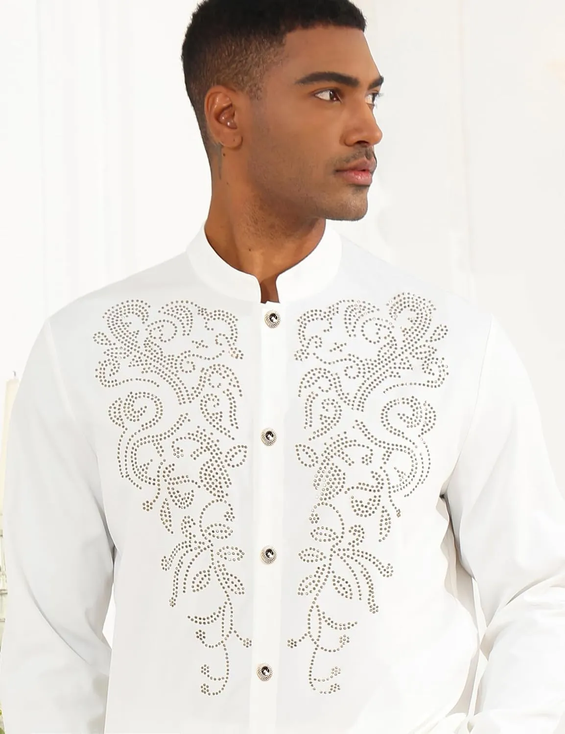 Mens African 2 Piece Set Glitter Rhinestone Traditional Suit Shiny Blingbling Sparkle Metallic Dashiki Shirt Pant Outfit