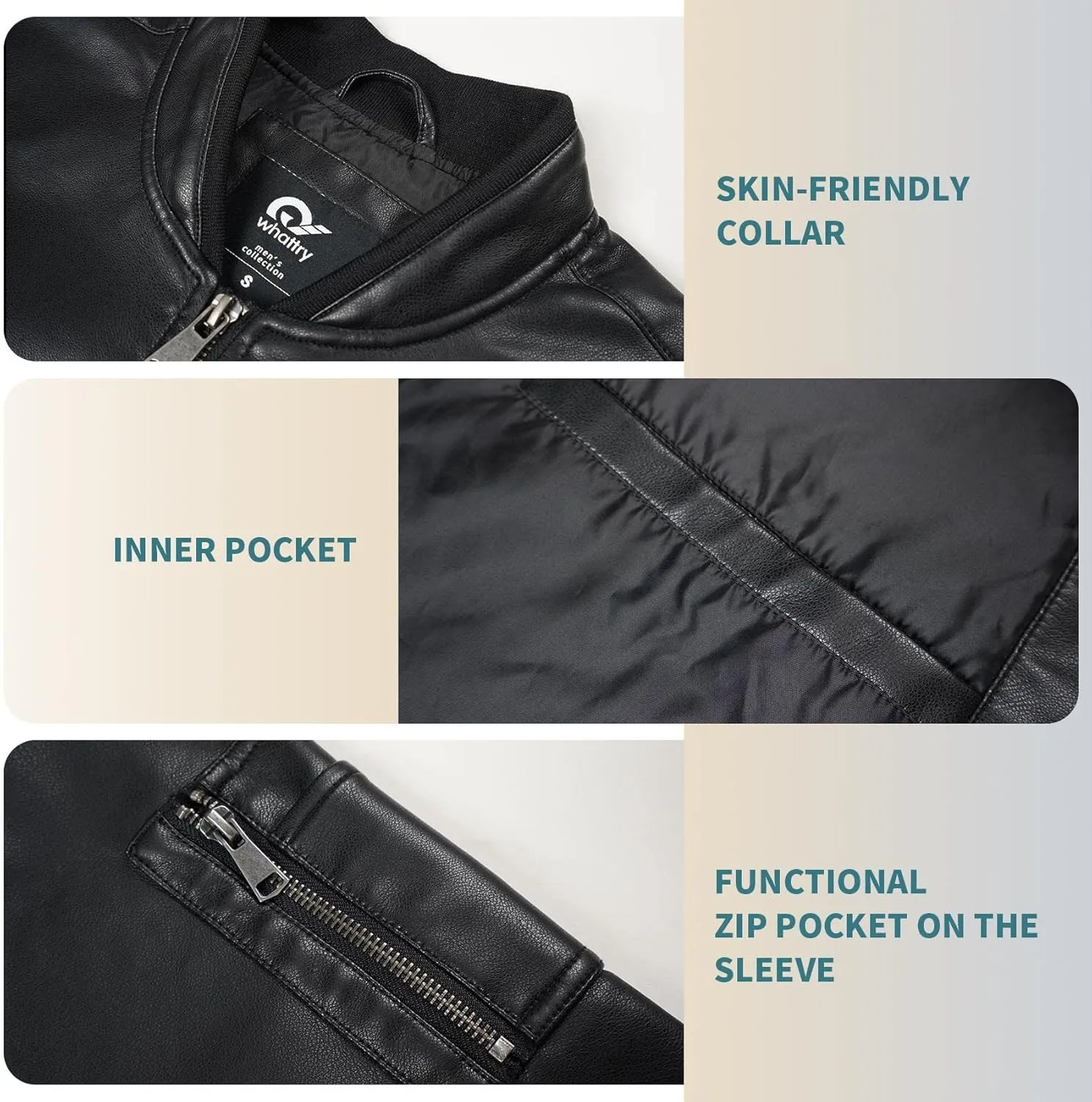 Mens Faux Leather Jacket, Padded Windbreaker, Motorcycle Biker Bomber Coat with Hood