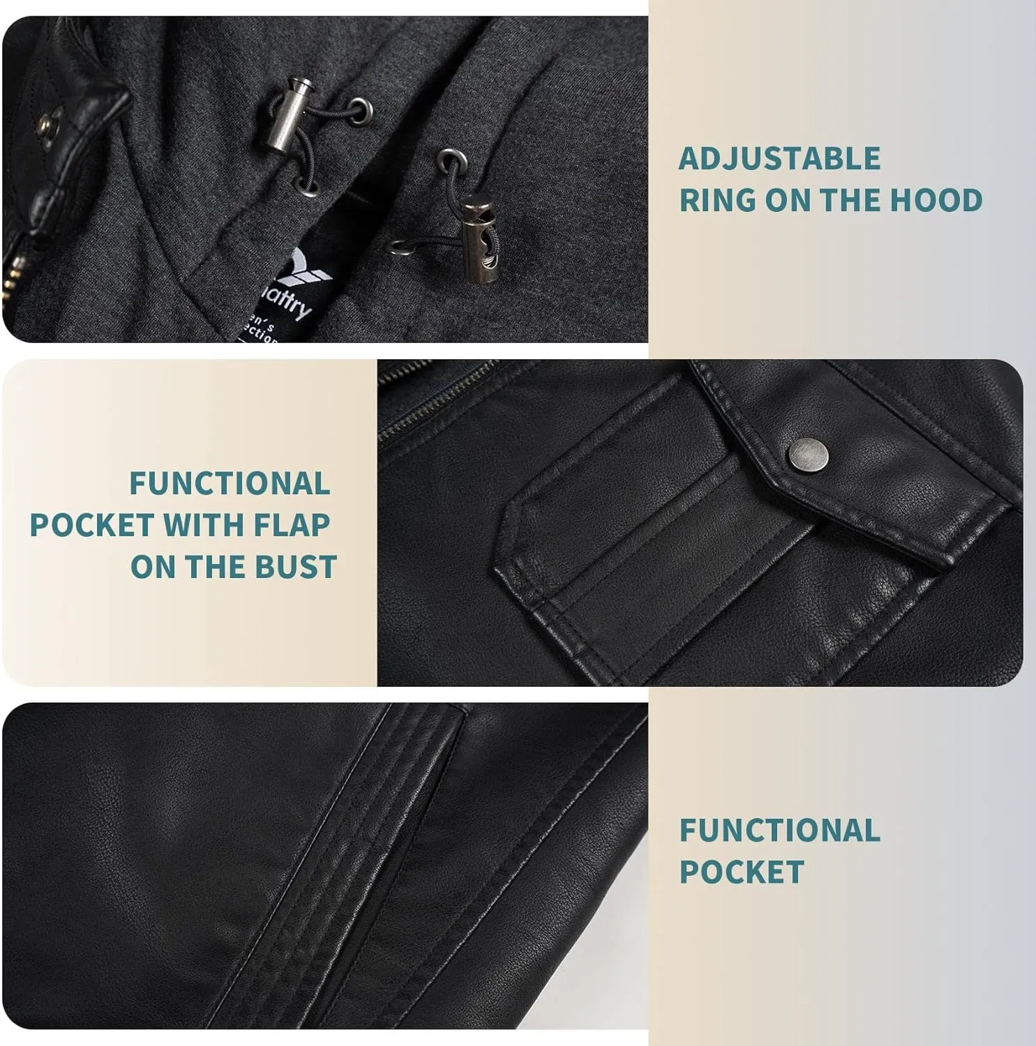 Mens Faux Leather Jacket, Padded Windbreaker, Motorcycle Biker Bomber Coat with Hood