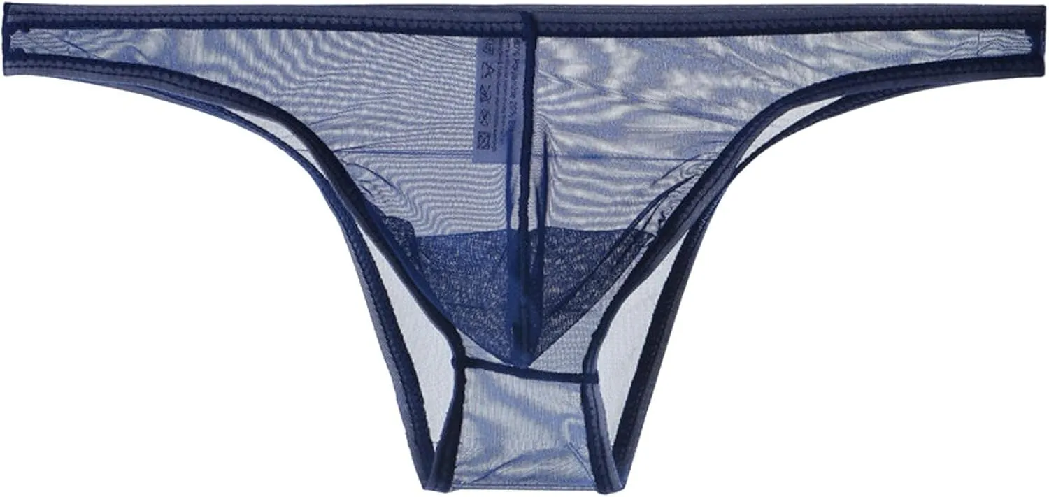 Men's Lace Frilly Thong Panties Sheer Mesh Boxer Briefs Semi Sheer T-back G-string Underwear Lingerie for Men Blue