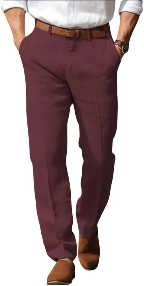 Mens Linen Dress Pants Regular Fit Vintage Suit Trouser Lightweight Summer Casual Suit Pants Long for Men