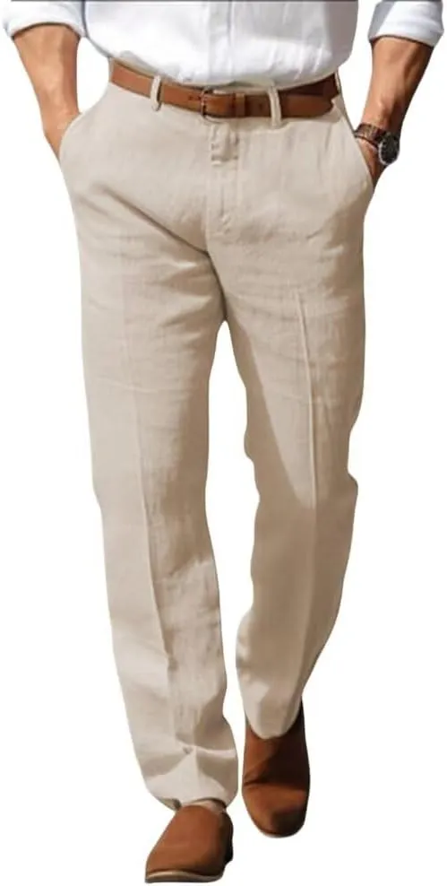 Mens Linen Dress Pants Regular Fit Vintage Suit Trouser Lightweight Summer Casual Suit Pants Long for Men