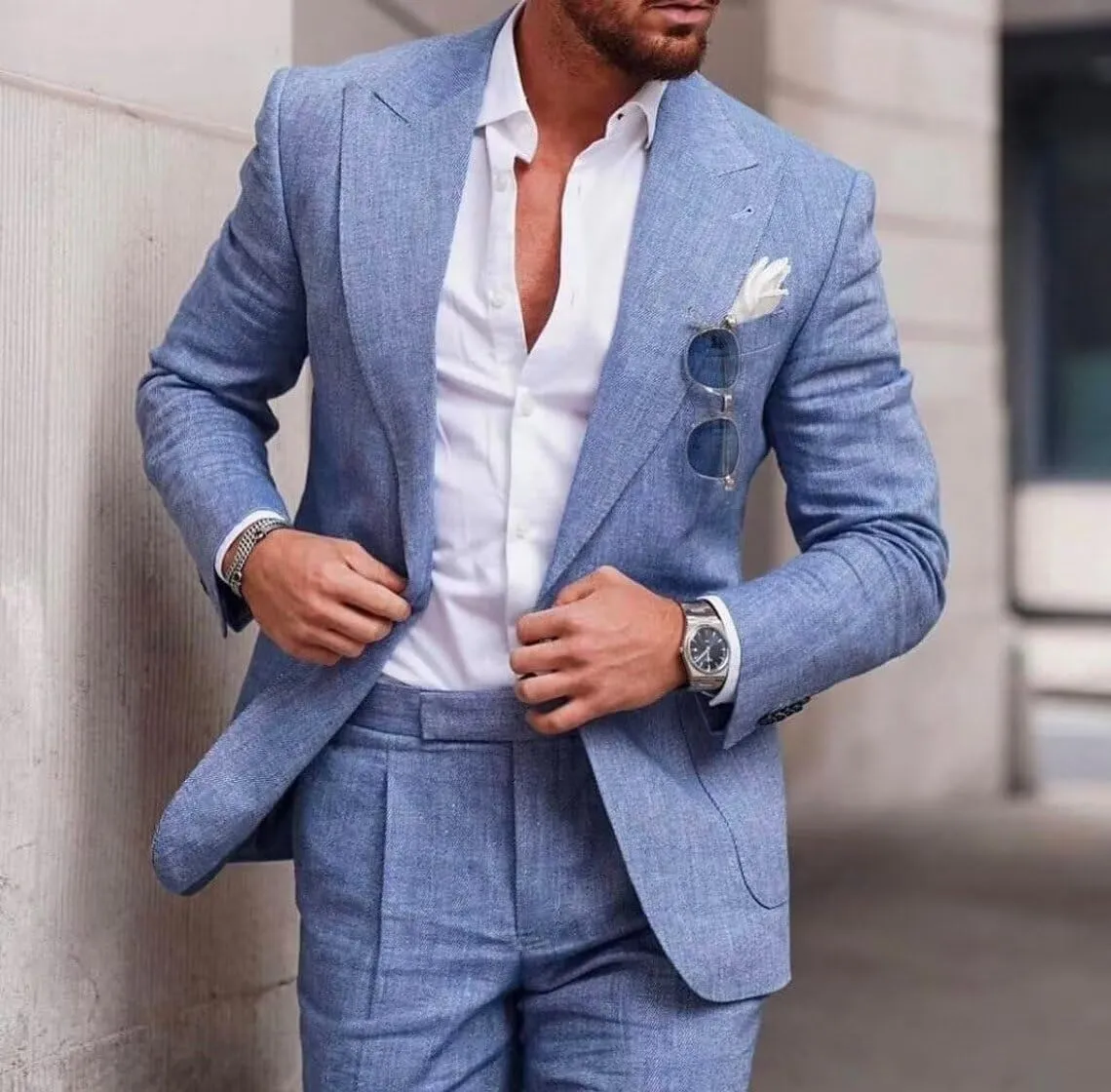 Men's Linen Suit 2 Piece Slim Fit Suit Summer Beach Wedding Suit Groosmen Prom Tuxedo Linen Blazer Pants Set