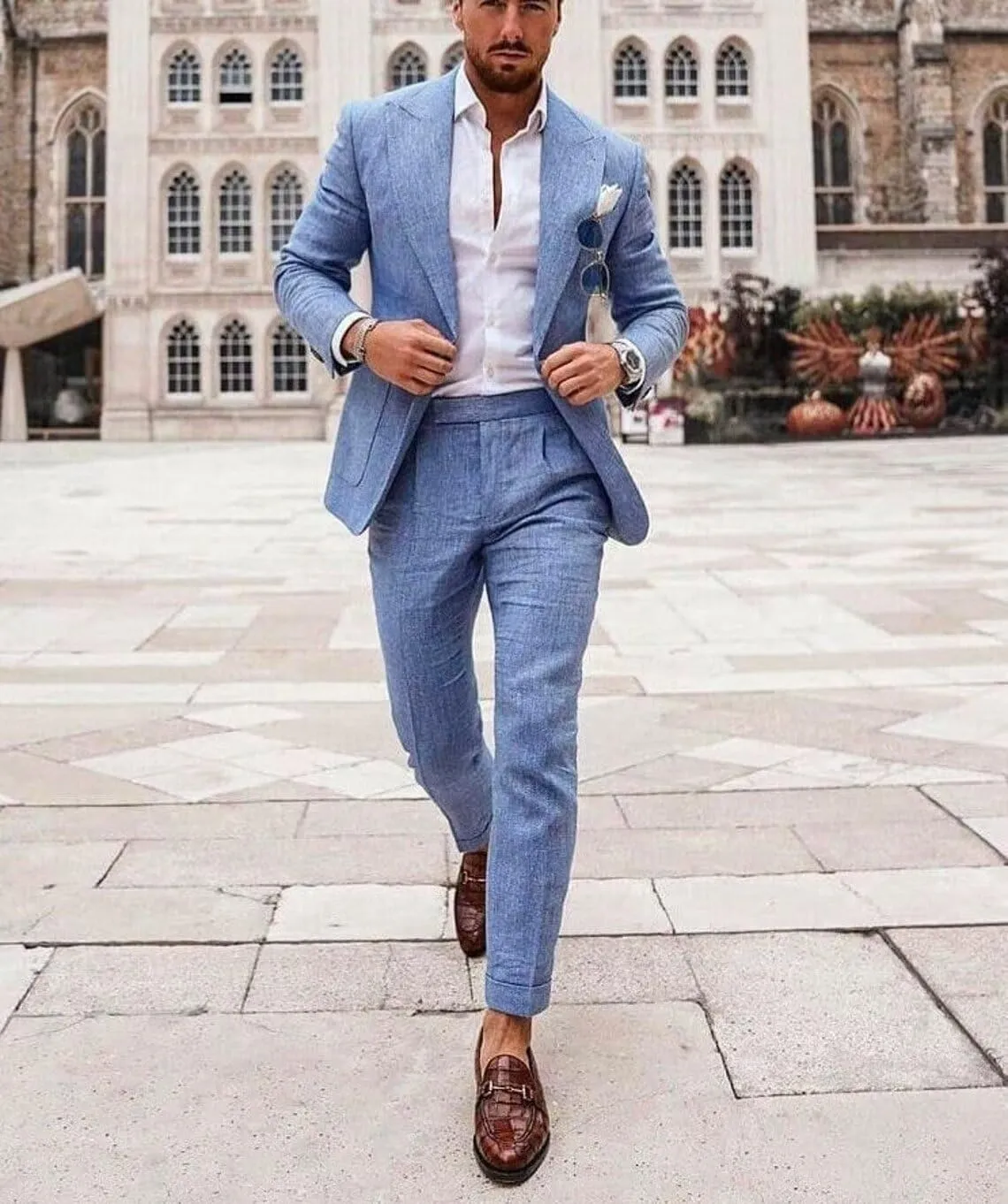 Men's Linen Suit 2 Piece Slim Fit Suit Summer Beach Wedding Suit Groosmen Prom Tuxedo Linen Blazer Pants Set