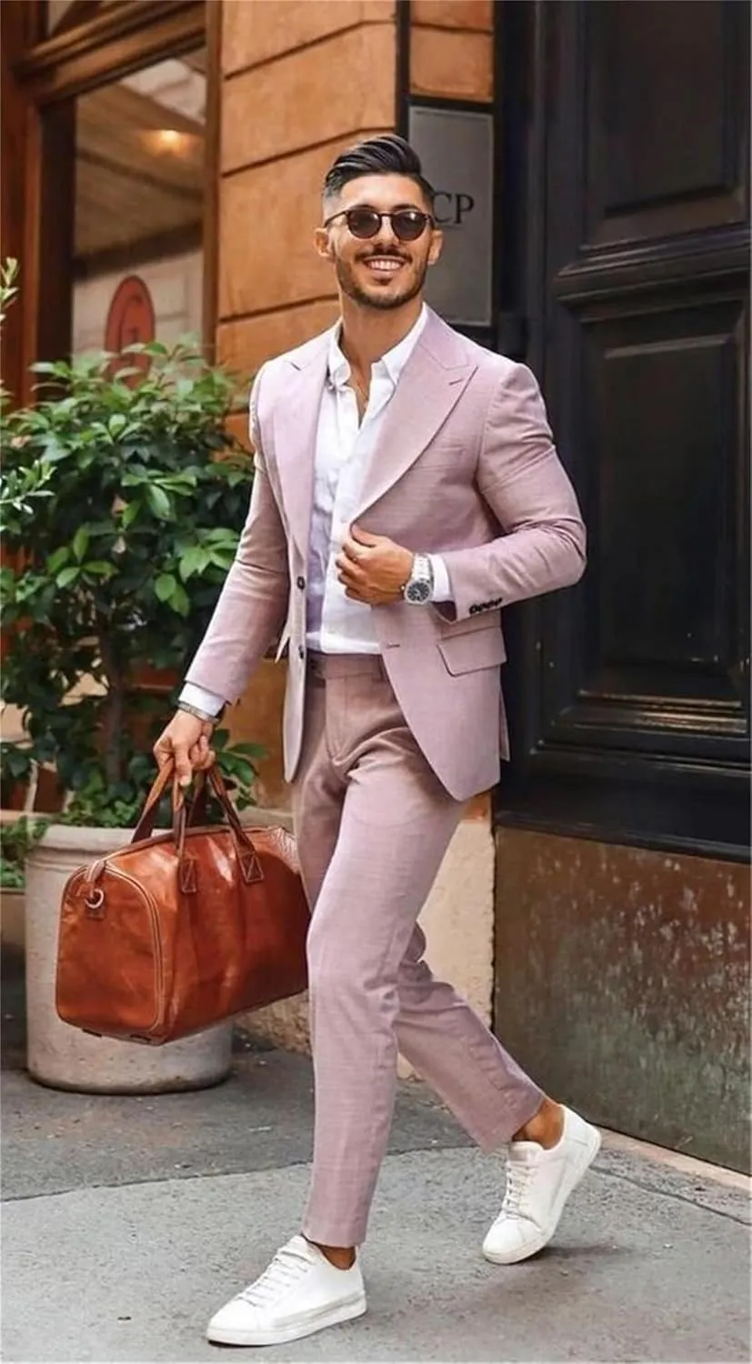 Men's Linen Suit 2 Piece Slim Fit Suit Summer Beach Wedding Suit Groosmen Prom Tuxedo Linen Blazer Pants Set