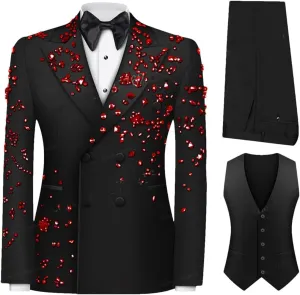 Men's Luxury Slim Fit 3 Pieces Suits, Jewel Decoraction Jacket Vest Pants Suit Set for Party Prom Wedding Groom