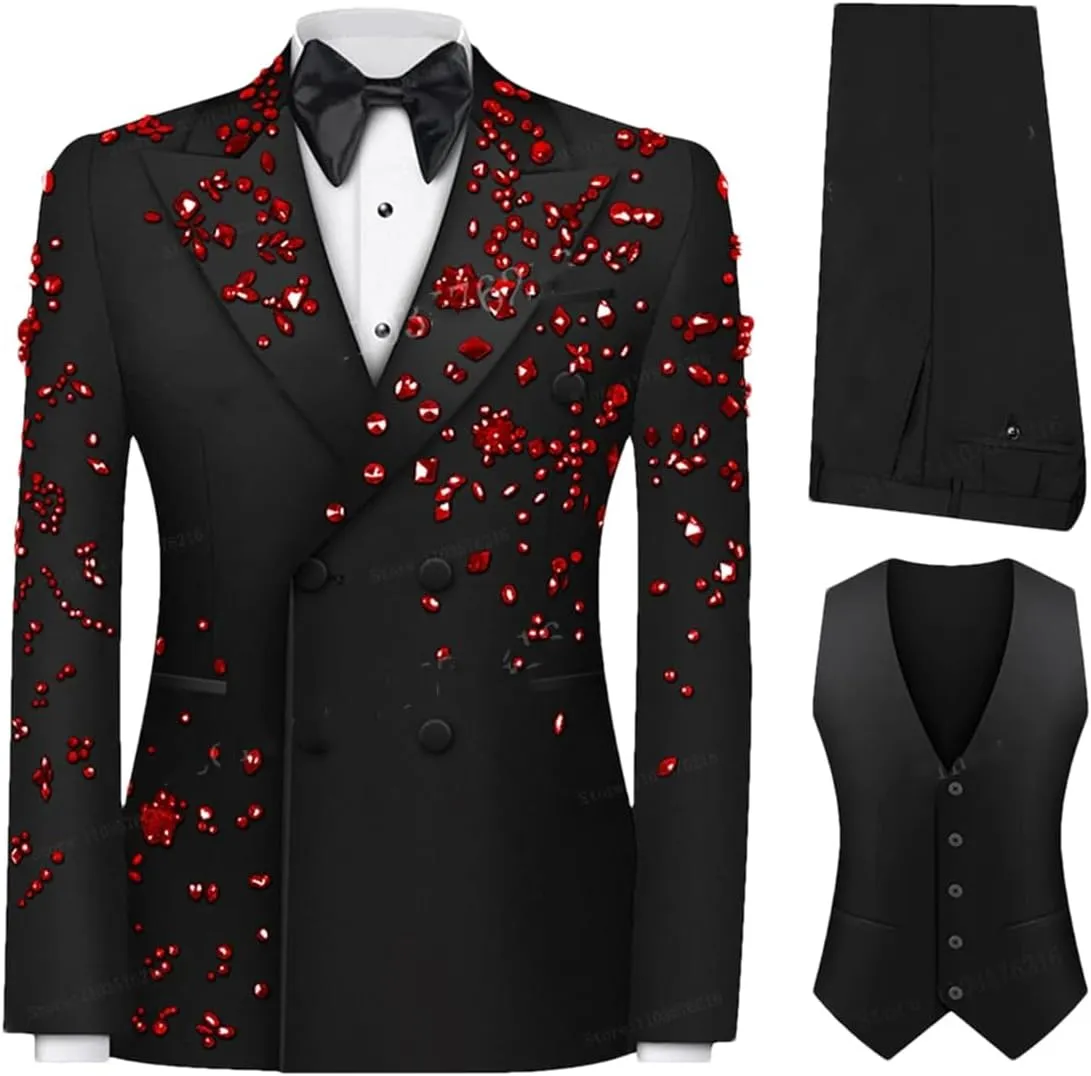 Men's Luxury Slim Fit 3 Pieces Suits, Jewel Decoraction Jacket Vest Pants Suit Set for Party Prom Wedding Groom