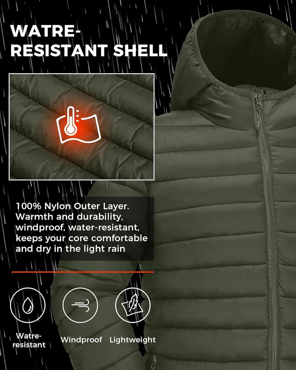 Men's Puffer Jacket Hooded Lightweight Full Zip Warm Coats Water Repellent Windproof Insulated Jacket with Pockets