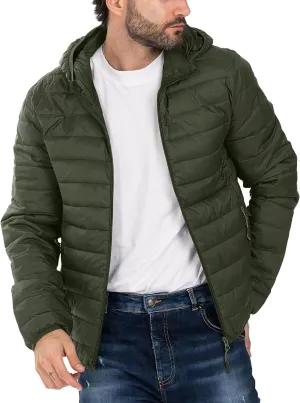 Men's Puffer Jacket Hooded Lightweight Full Zip Warm Coats Water Repellent Windproof Insulated Jacket with Pockets