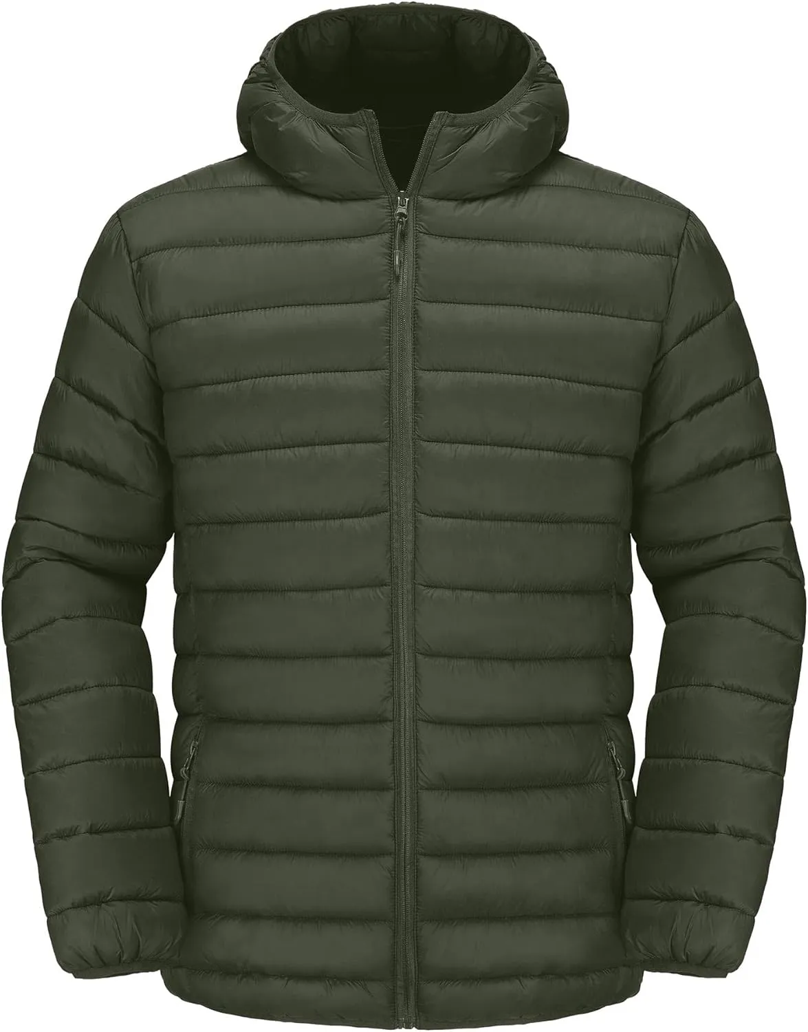 Men's Puffer Jacket Hooded Lightweight Full Zip Warm Coats Water Repellent Windproof Insulated Jacket with Pockets