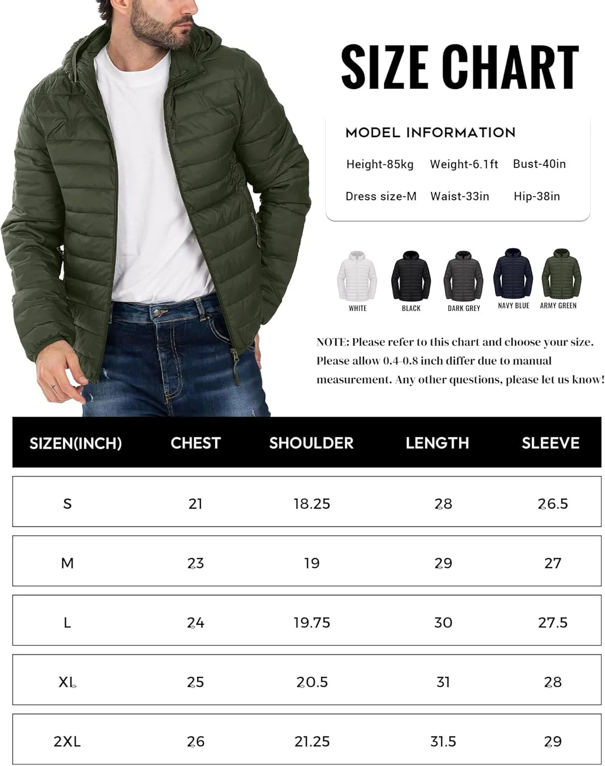 Men's Puffer Jacket Hooded Lightweight Full Zip Warm Coats Water Repellent Windproof Insulated Jacket with Pockets