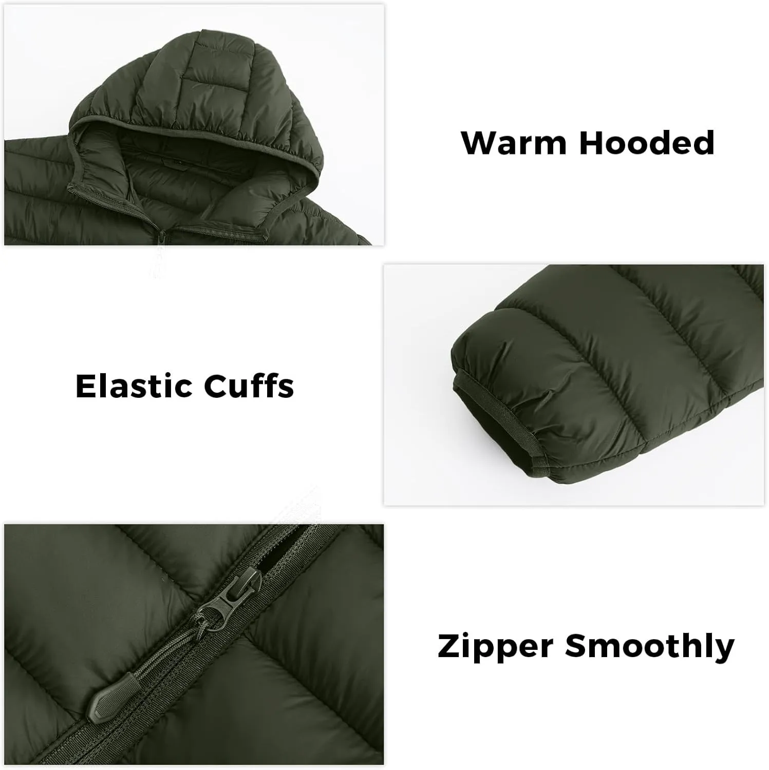 Men's Puffer Jacket Hooded Lightweight Full Zip Warm Coats Water Repellent Windproof Insulated Jacket with Pockets