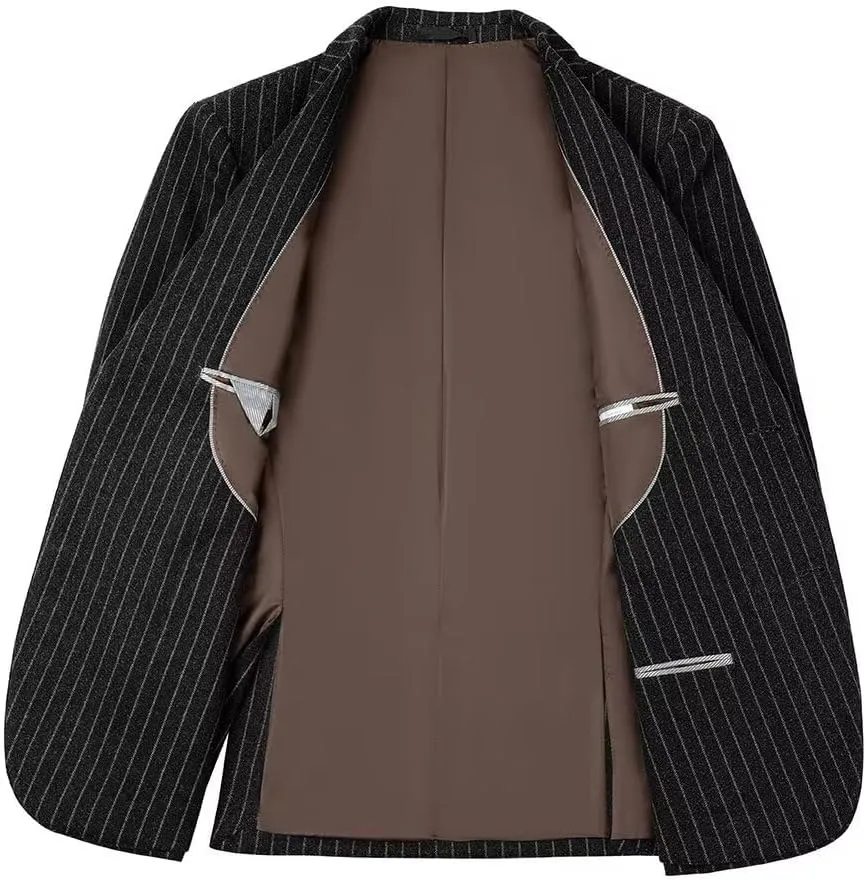 Mens Suit Slim Fit 2 Piece Classic Pinstripe Tweed Suits for Men Wedding Business Tuxedo Blazer Jacket Pants Set