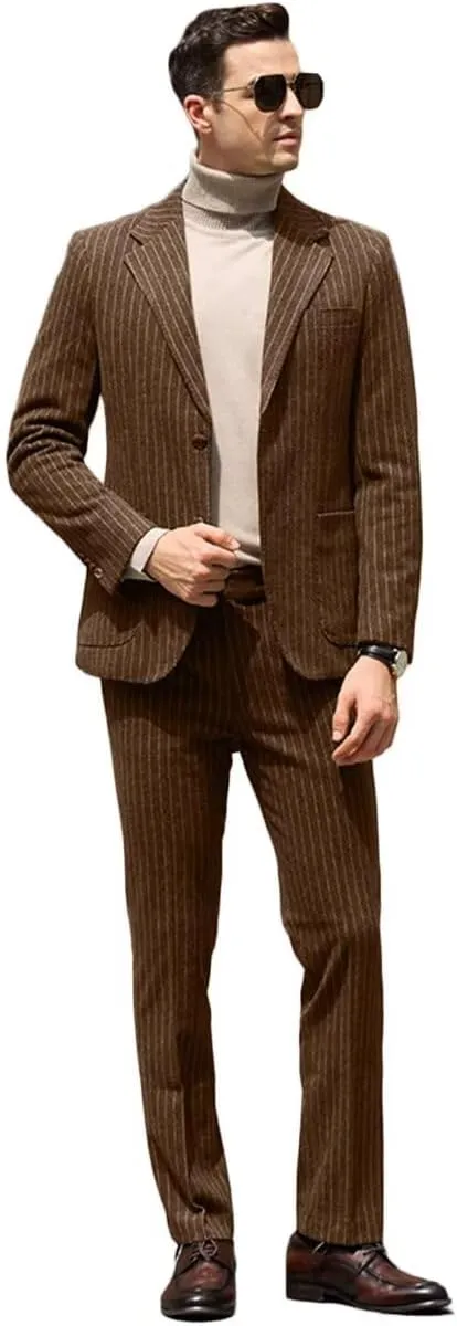 Mens Suit Slim Fit 2 Piece Classic Pinstripe Tweed Suits for Men Wedding Business Tuxedo Blazer Jacket Pants Set