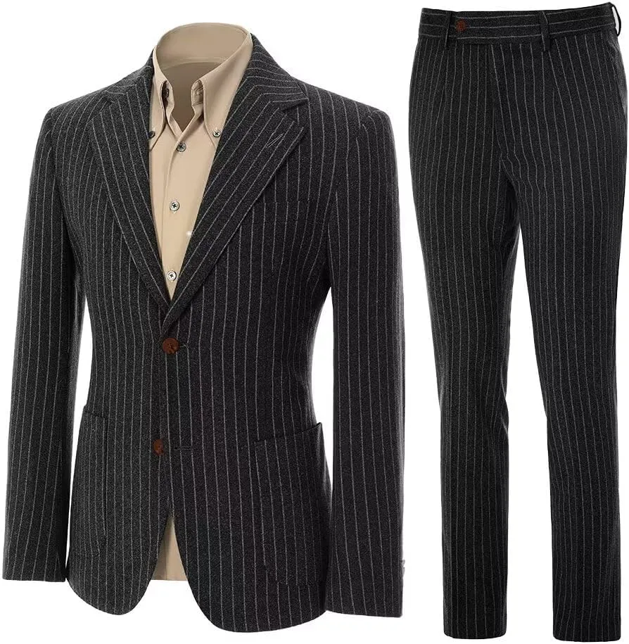 Mens Suit Slim Fit 2 Piece Classic Pinstripe Tweed Suits for Men Wedding Business Tuxedo Blazer Jacket Pants Set