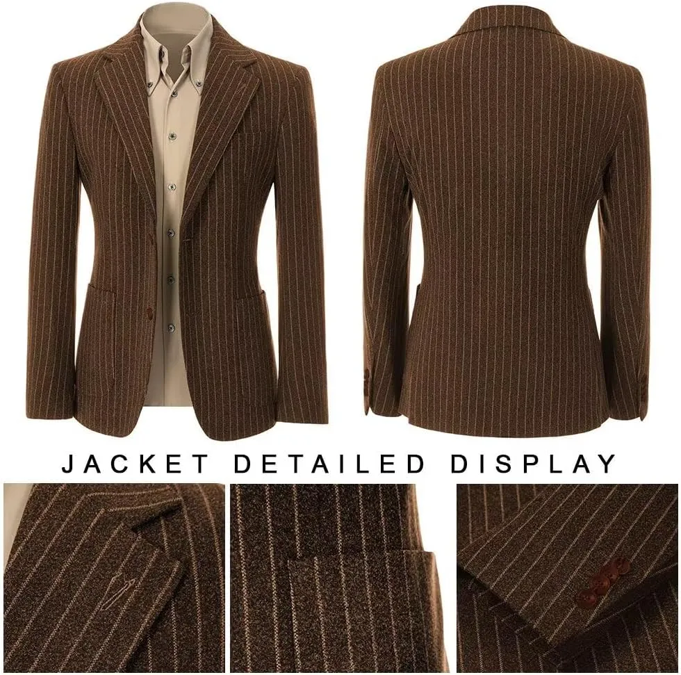 Mens Suit Slim Fit 2 Piece Classic Pinstripe Tweed Suits for Men Wedding Business Tuxedo Blazer Jacket Pants Set