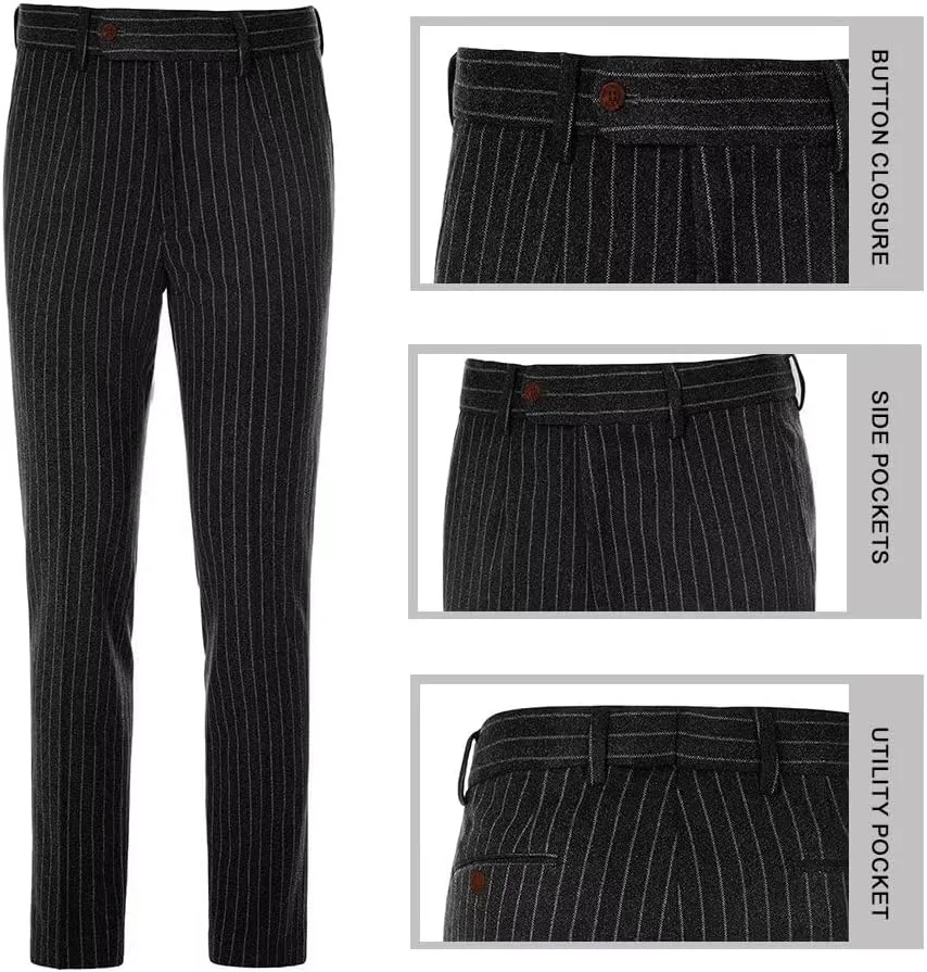 Mens Suit Slim Fit 2 Piece Classic Pinstripe Tweed Suits for Men Wedding Business Tuxedo Blazer Jacket Pants Set