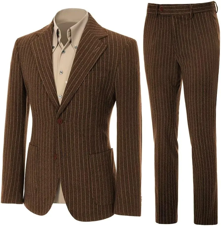 Mens Suit Slim Fit 2 Piece Classic Pinstripe Tweed Suits for Men Wedding Business Tuxedo Blazer Jacket Pants Set