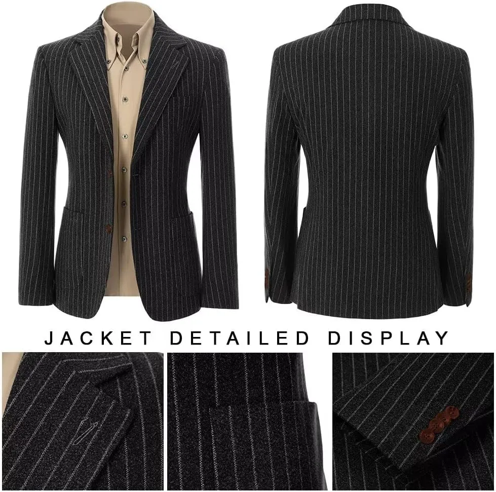 Mens Suit Slim Fit 2 Piece Classic Pinstripe Tweed Suits for Men Wedding Business Tuxedo Blazer Jacket Pants Set