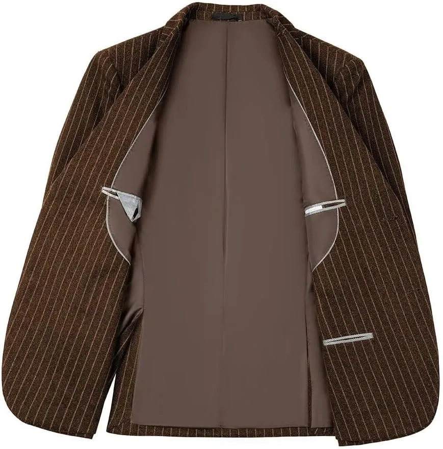 Mens Suit Slim Fit 2 Piece Classic Pinstripe Tweed Suits for Men Wedding Business Tuxedo Blazer Jacket Pants Set