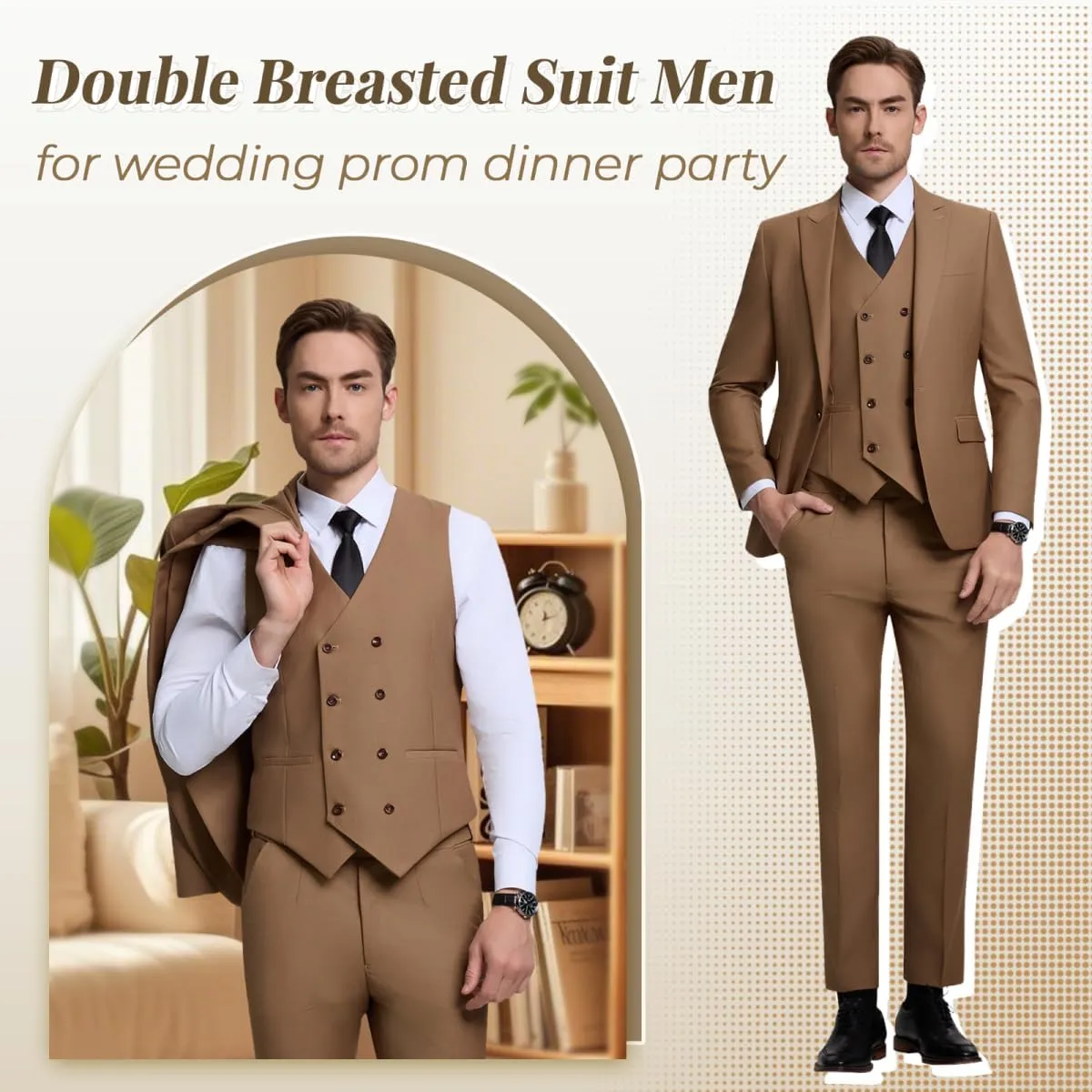 Mens Suit Slim Fit Solid Suit Jacket Double Breasted Vest and Dress Pants 3 Piece Set Prom Wedding Suits for Men
