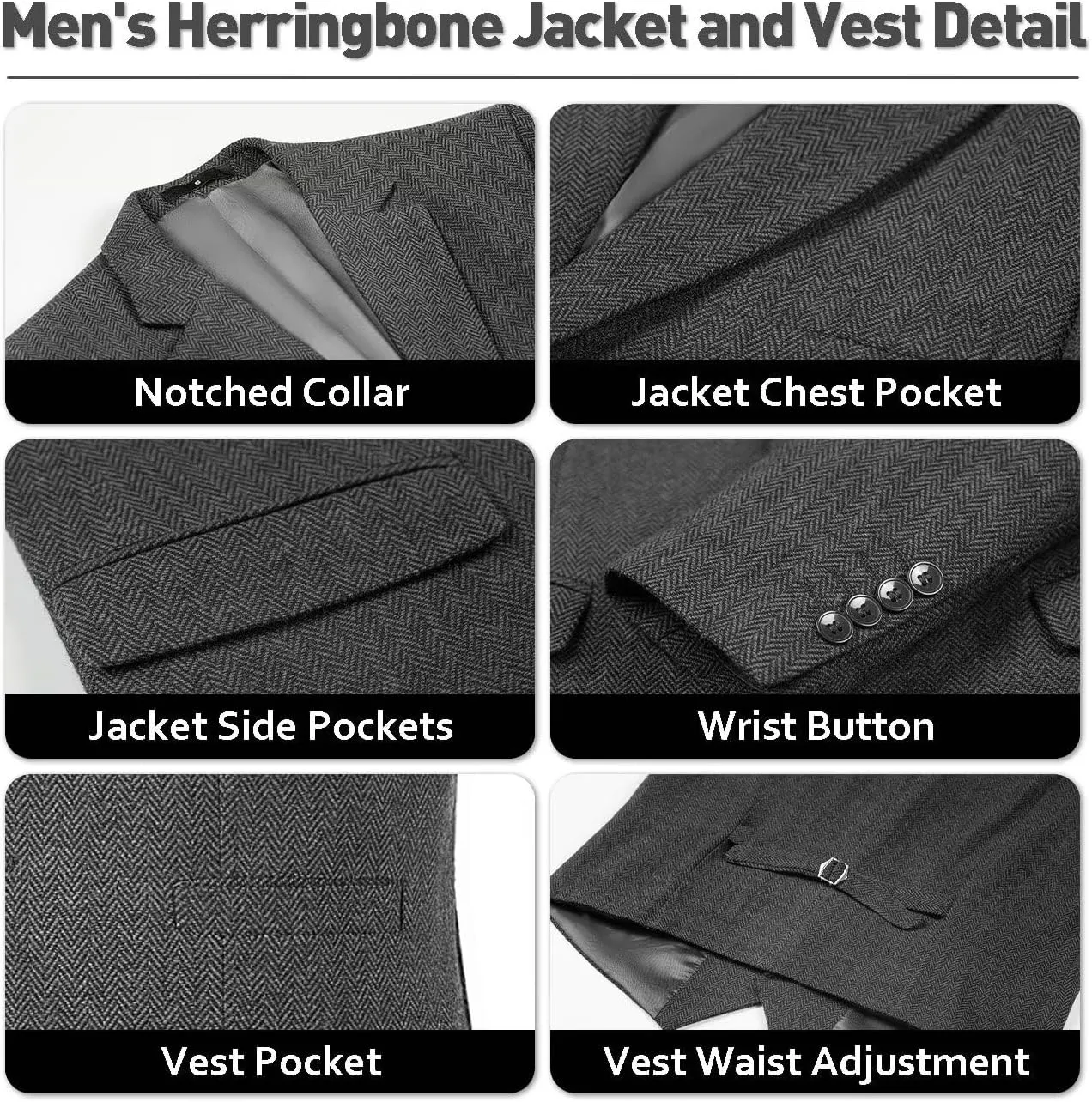 Mens Tweed Herringbone Suit Slim Fit 3 Pieces Mens Wedding Party Suit Groomsmen Tuxedos Prom Suit Jacket Vest Pants