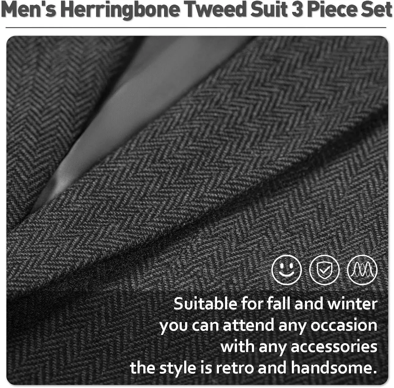 Mens Tweed Herringbone Suit Slim Fit 3 Pieces Mens Wedding Party Suit Groomsmen Tuxedos Prom Suit Jacket Vest Pants