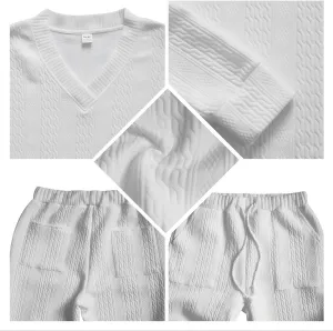 Men's two-piece pants V-neck jacquard knitted sweater suit sports shirt jogging pants sports suit