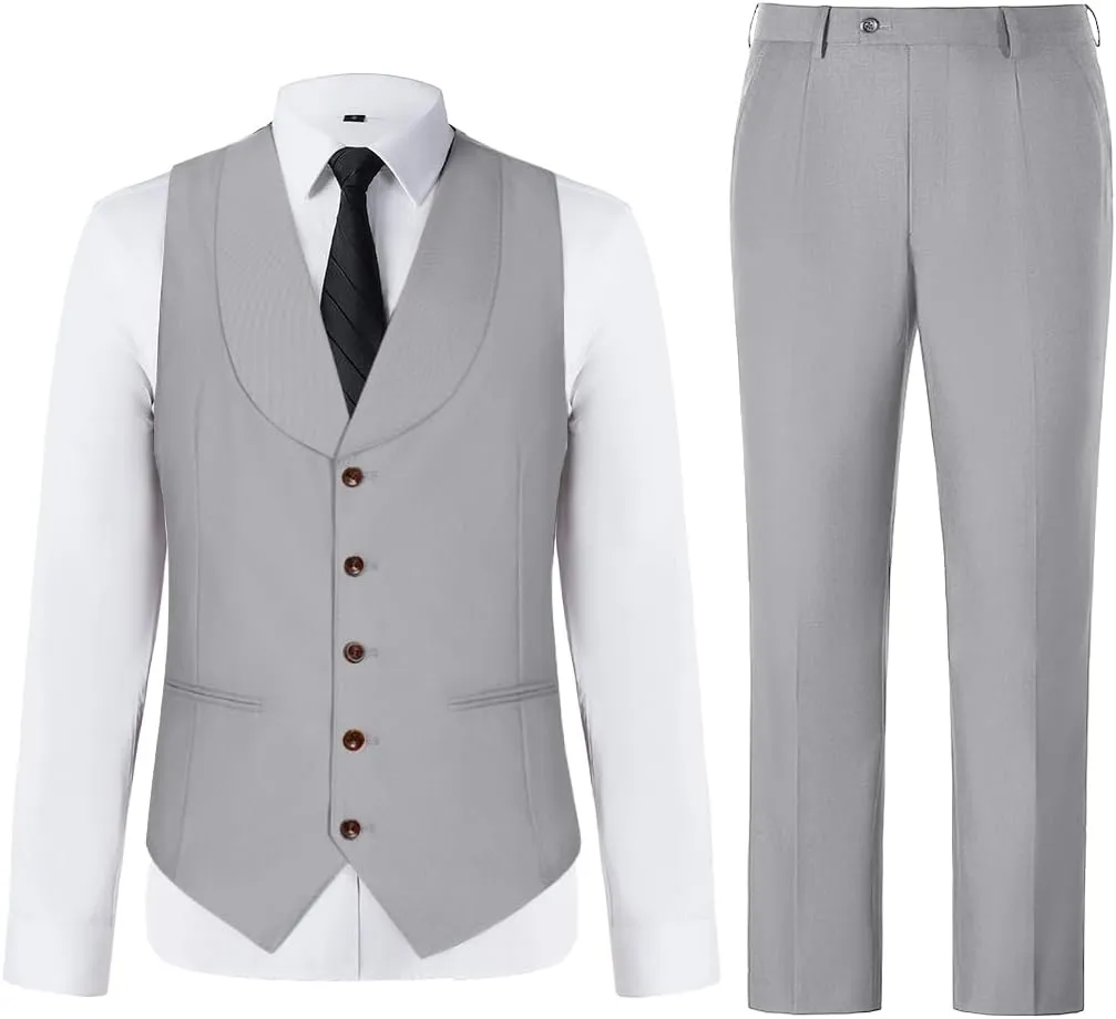 Mens Vest Pants Suits Set 2 Pieces Slim Fit Groomsmen Suit for Men Formal