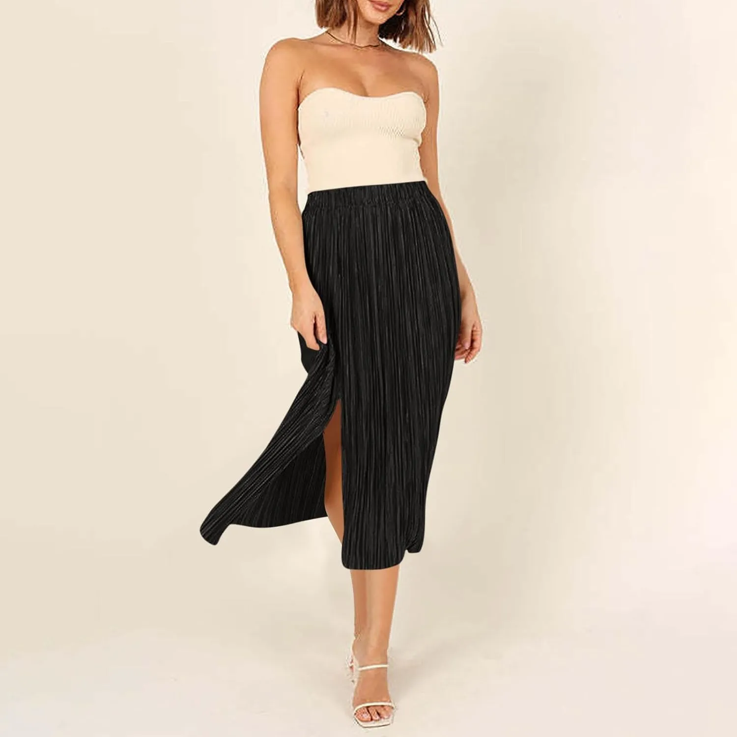 Midi Skirts for Women Split Hem Elastic Waist Long Skirt Casual Solid Color Summer Boho Dress A Line Thigh Dresses